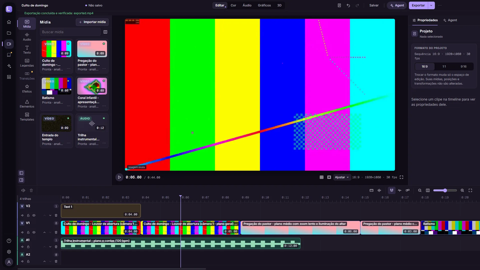 Editor do Luyra Studio Pro: biblioteca de mídia à esquerda, monitor ao centro, propriedades à direita e timeline com quatro trilhas